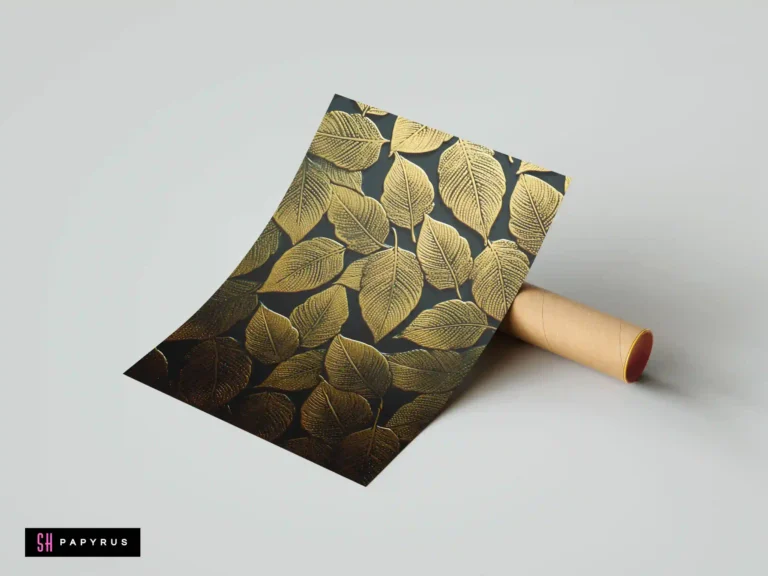 Elegant botanical art print featuring textured gold leaf bas-relief leaves on a dark background.