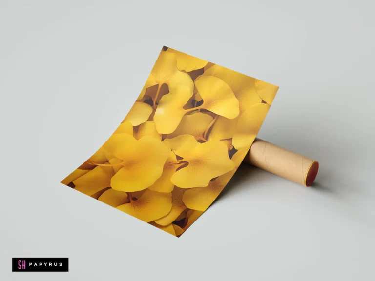 Vibrant yellow ginkgo leaves botanical art print with layered patterns and delicate textures.