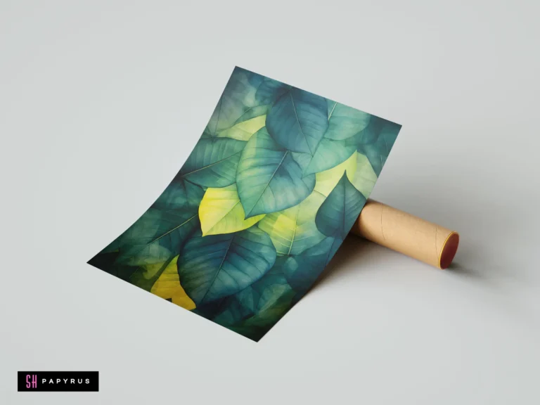 Modern botanical art print with overlapping teal and lime green leaves in watercolor style.