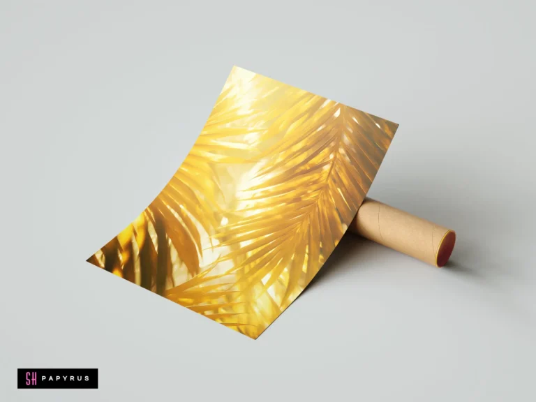 Dreamy botanical art print of golden palm leaves bathed in bright, warm sunlight.
