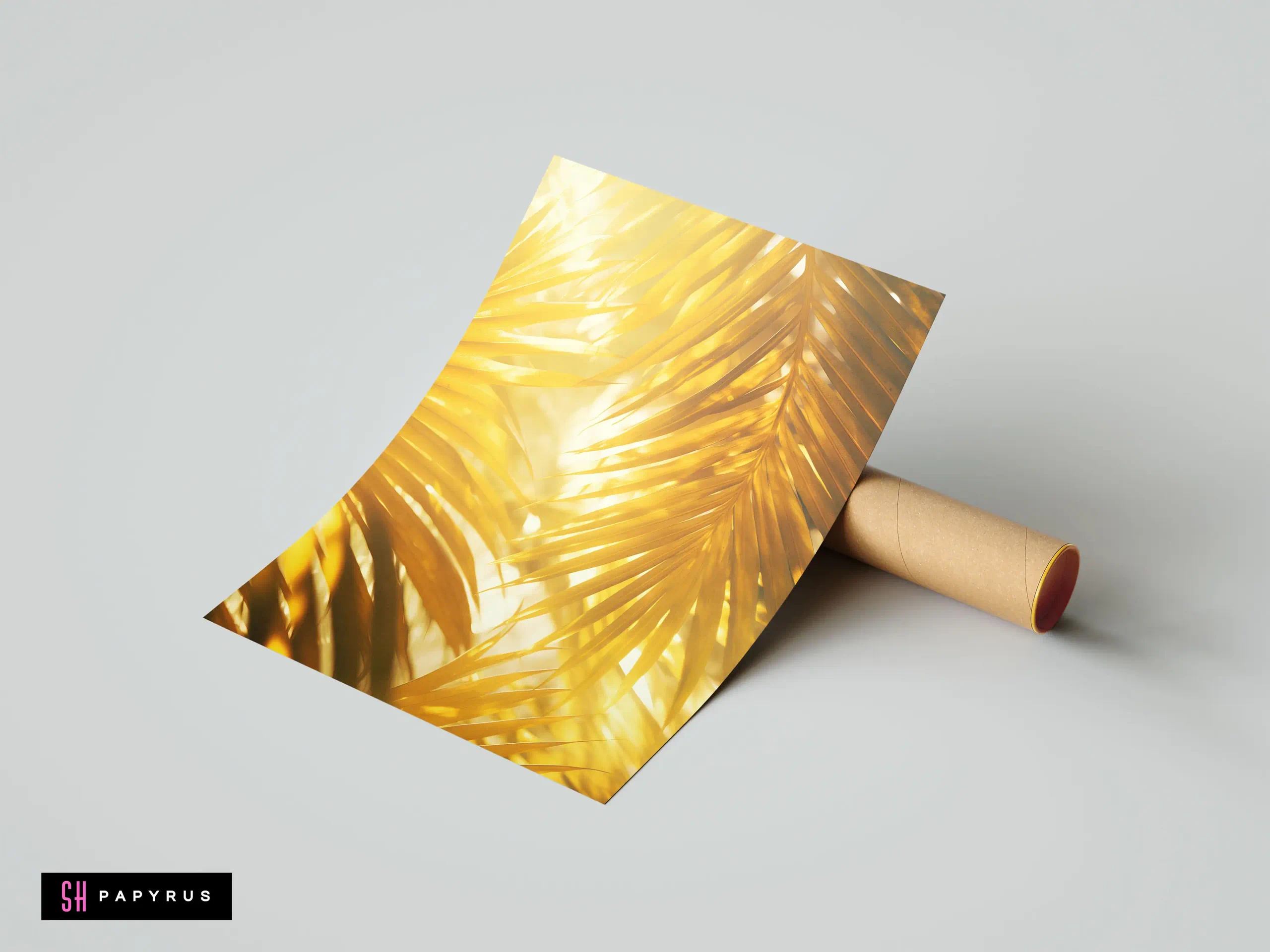 Dreamy botanical art print of golden palm leaves bathed in bright, warm sunlight.