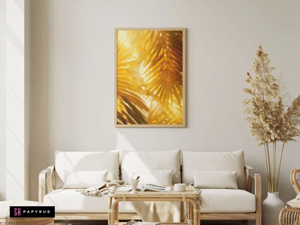 Dreamy golden palm leaves illuminated by glowing sunlight, a warm botanical art print.