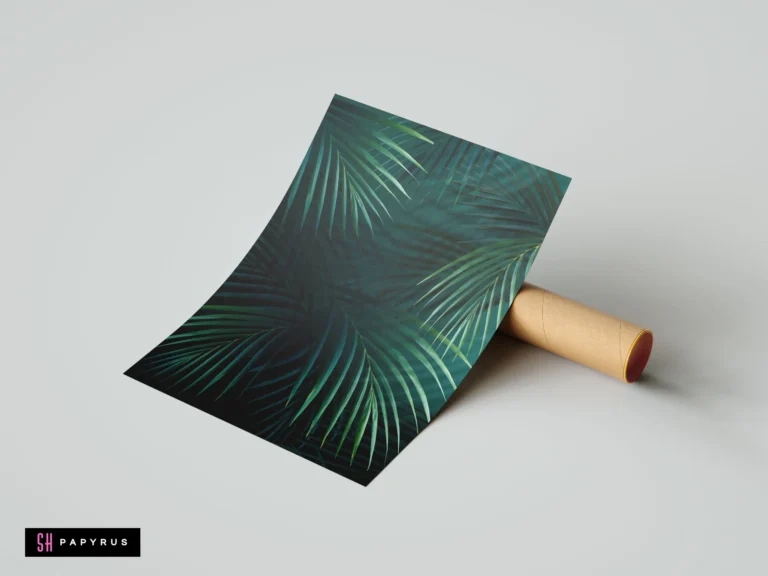 Moody botanical art print featuring layered dark teal and deep green tropical palm leaves.