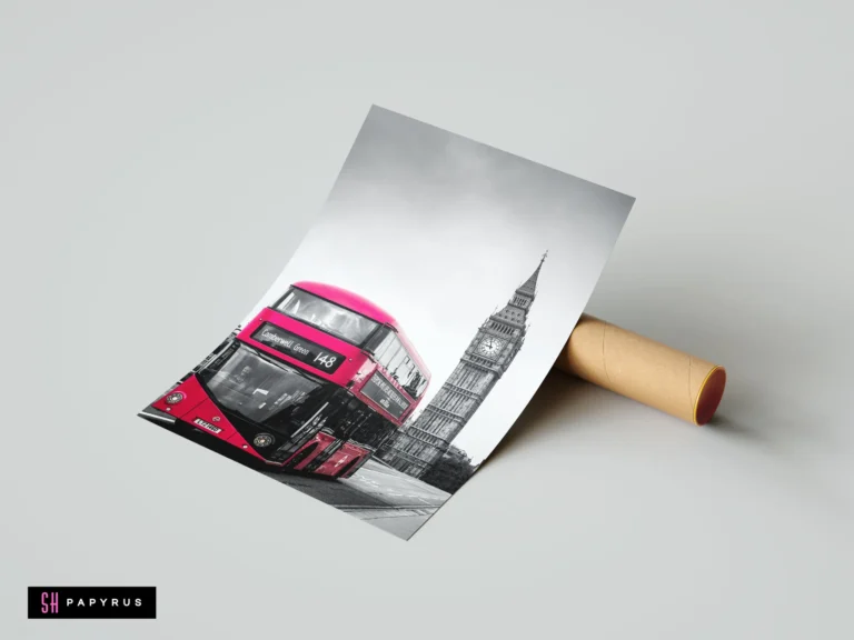 Black and white London print featuring a bright red bus and Big Ben tower.