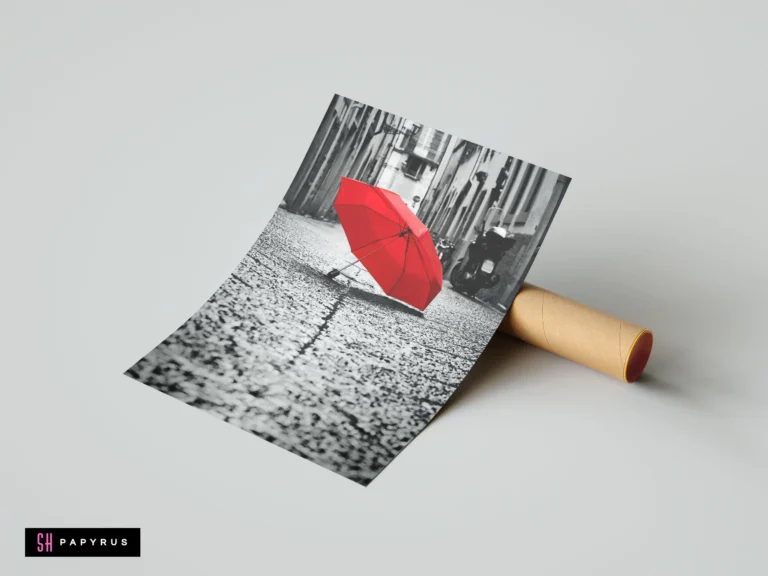 Vibrant red umbrella on a black and white cobblestone city street artistic selective color.