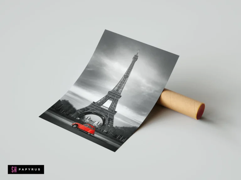 Black and white Eiffel Tower art print featuring a selective color red vintage car.