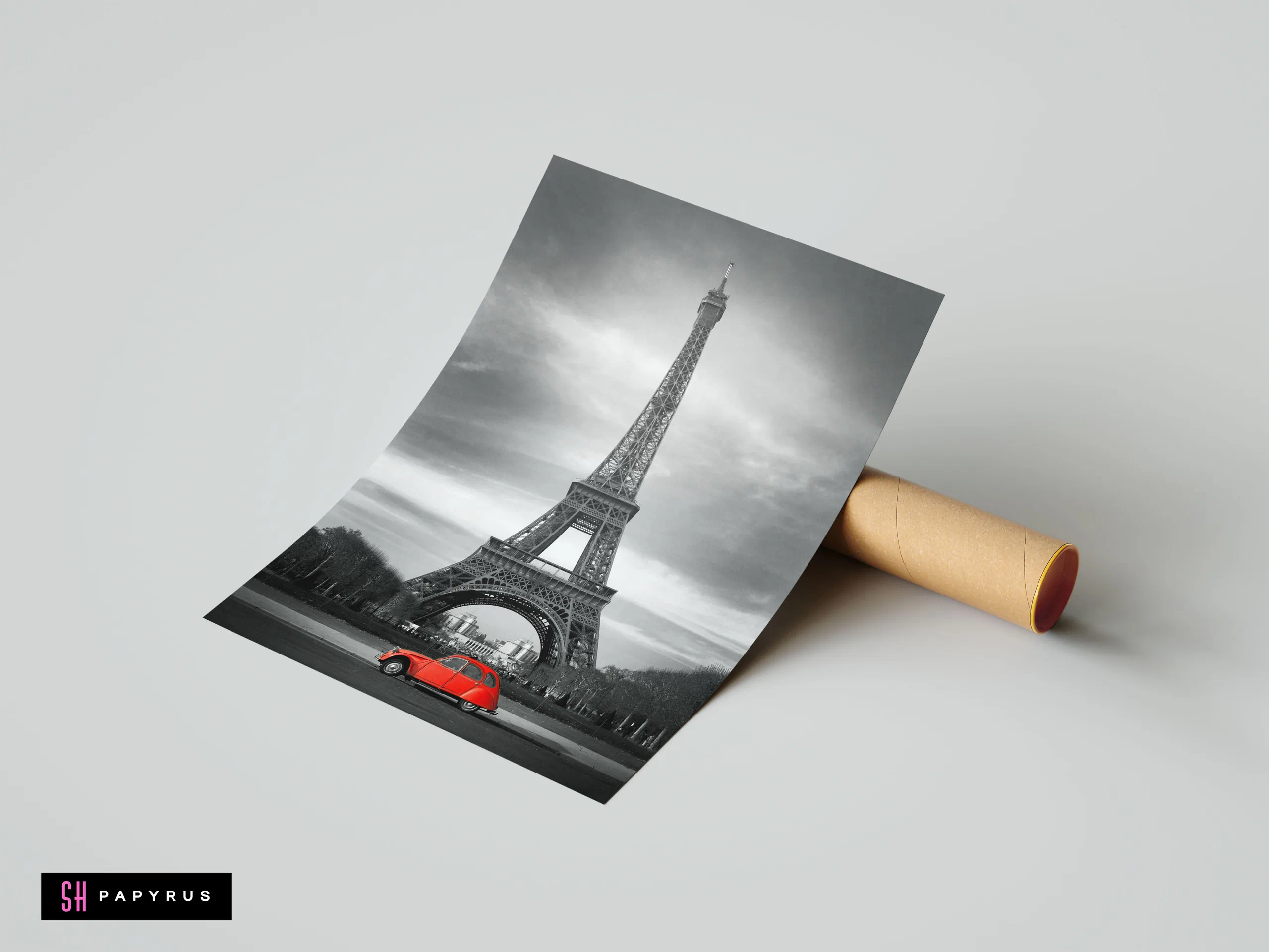 Black and white Eiffel Tower art print featuring a selective color red vintage car.