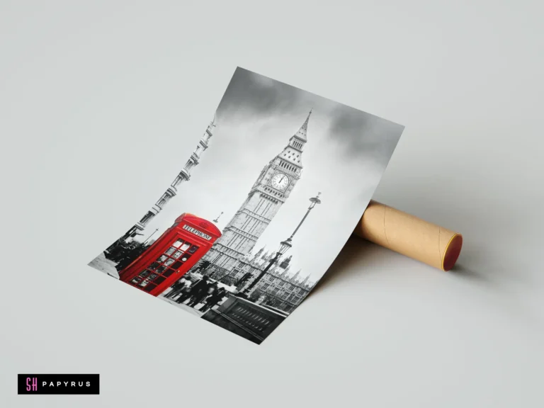 Black and white London print featuring a vibrant red telephone booth and Big Ben.