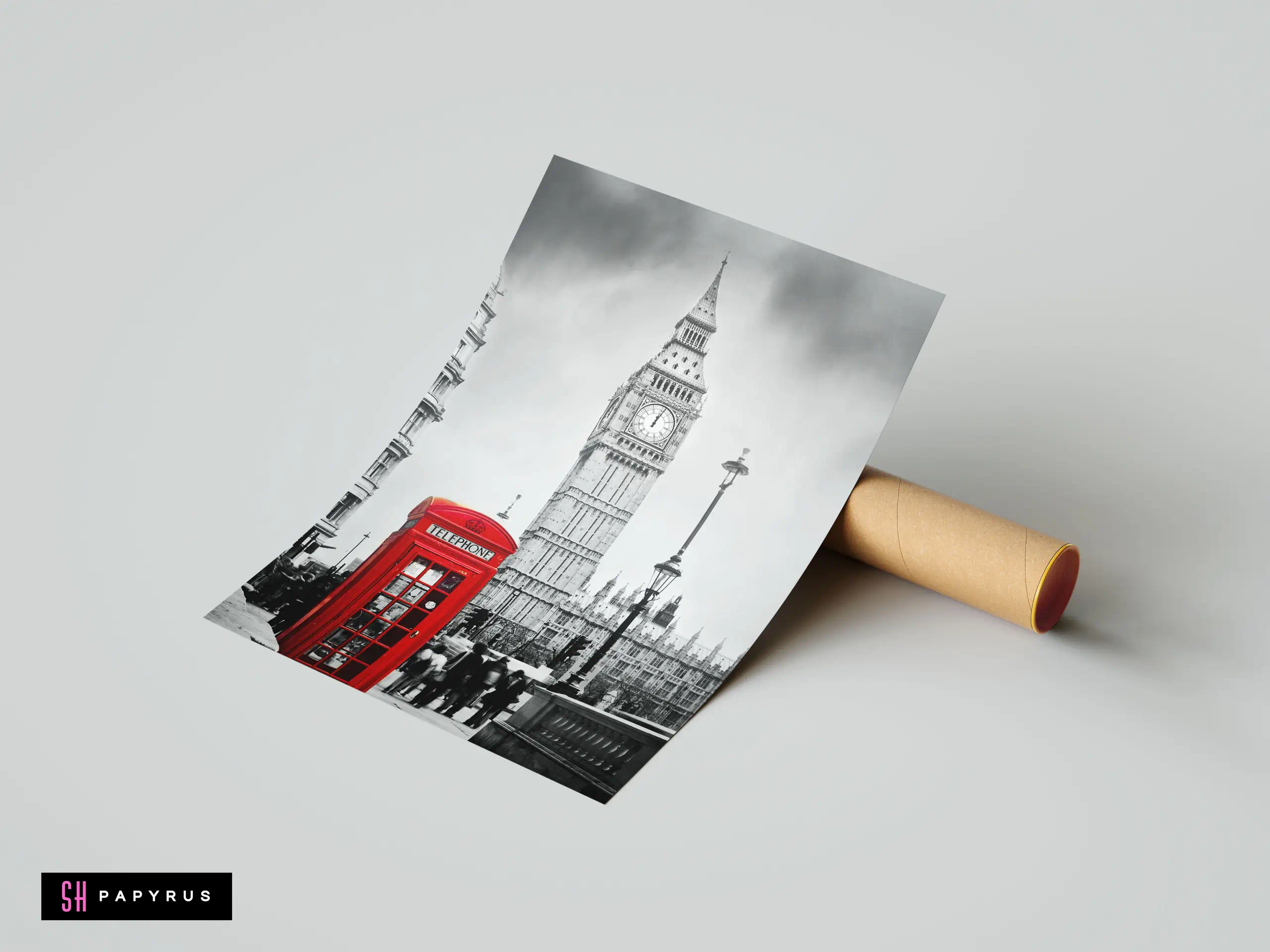 Black and white London print featuring a vibrant red telephone booth and Big Ben.