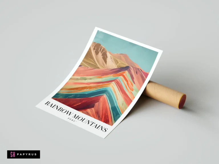 Vibrant painterly travel poster of Peru's Rainbow Mountains featuring colorful layered mineral stripes.