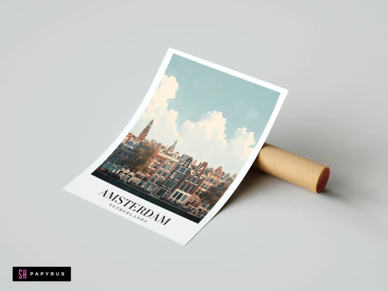 Vintage-style Amsterdam travel poster featuring historic canal houses and a cloudy blue sky.