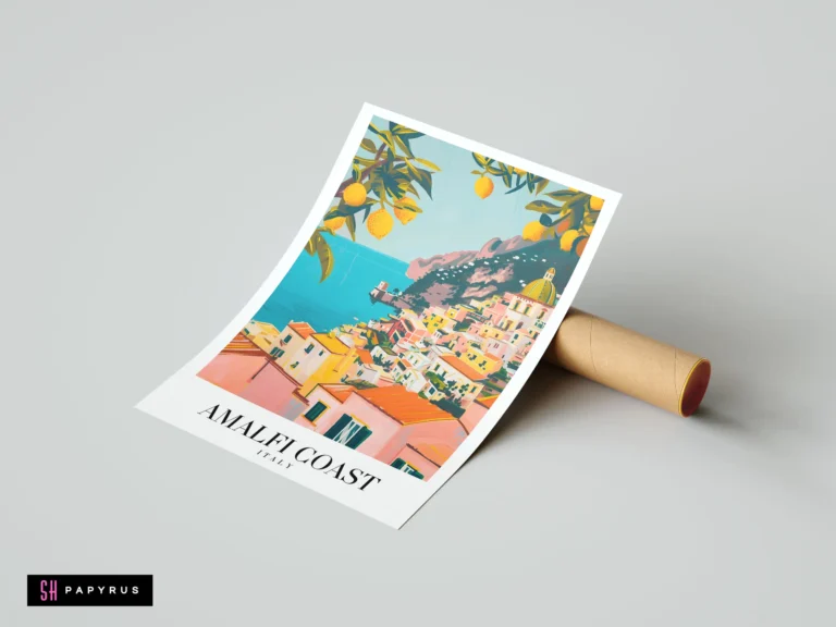 Vibrant Amalfi Coast travel poster with colorful houses, turquoise sea, and framing yellow lemons.
