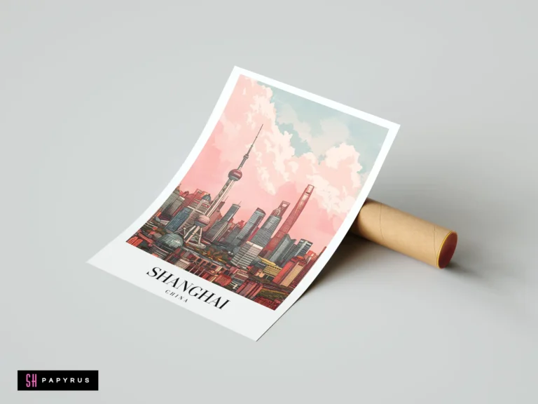 Pastel pink Shanghai skyline travel poster featuring the Oriental Pearl Tower and modern skyscrapers.