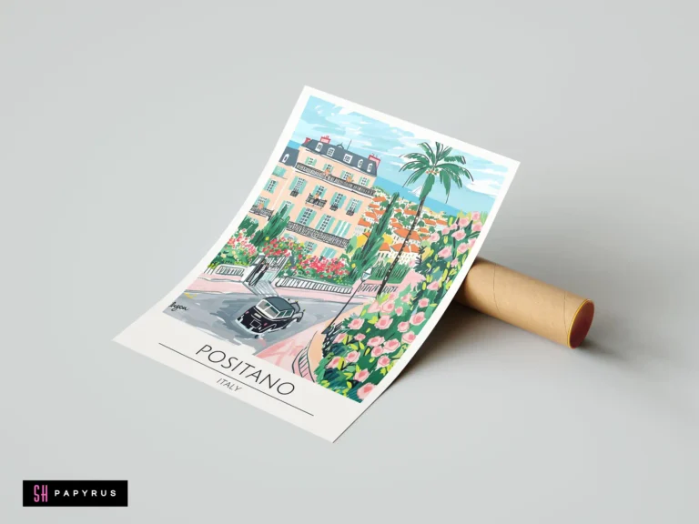 Vibrant Positano travel poster illustration featuring pink roses, peach buildings, and a vintage car.
