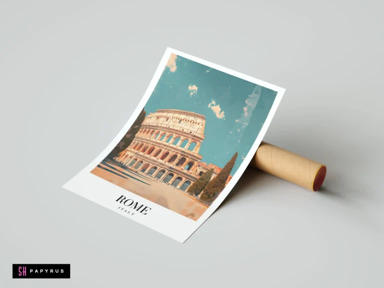 Vintage-style Rome travel poster featuring the Colosseum in teal and warm earthy tones.