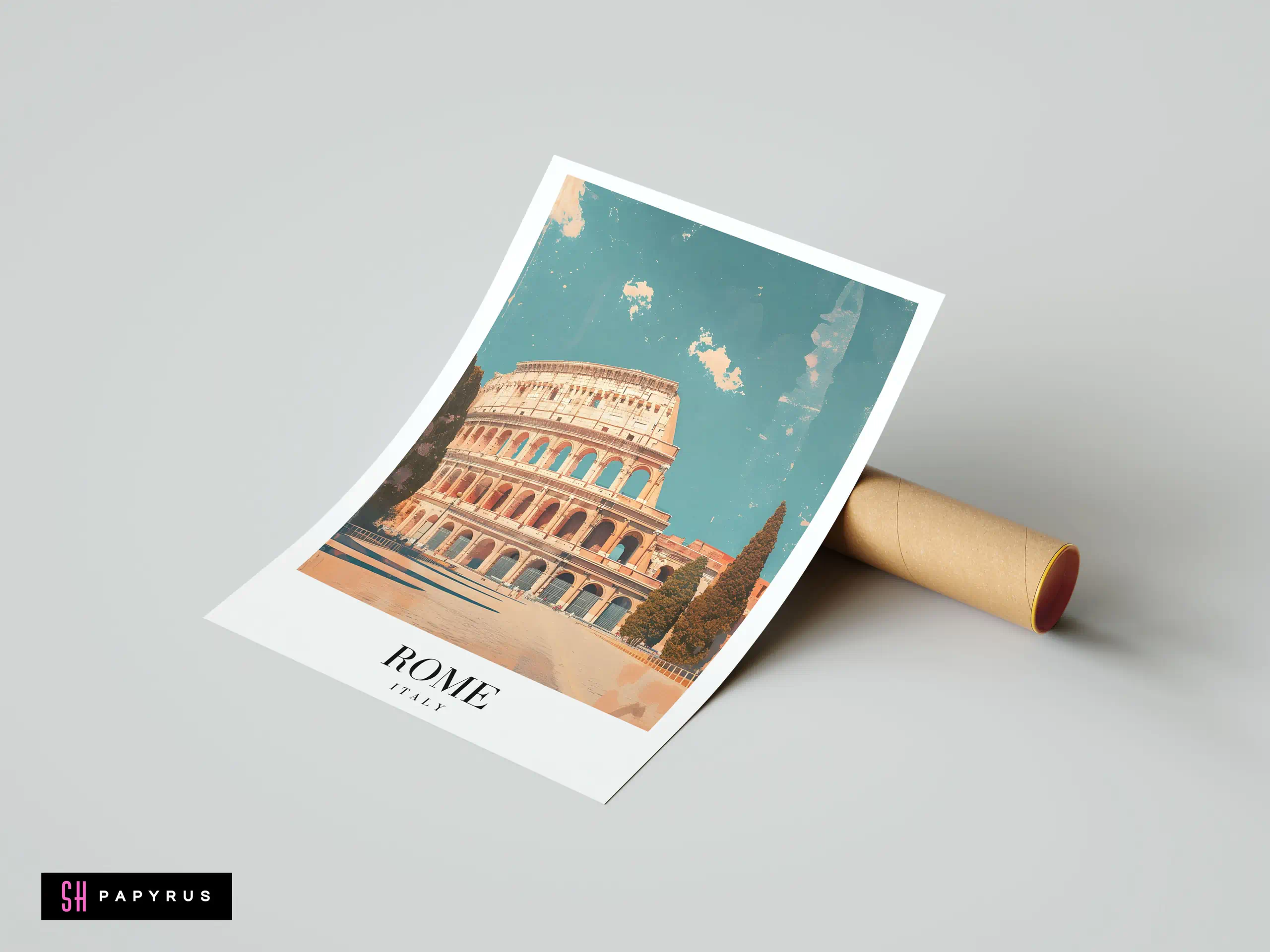 Vintage-style Rome travel poster featuring the Colosseum in teal and warm earthy tones.