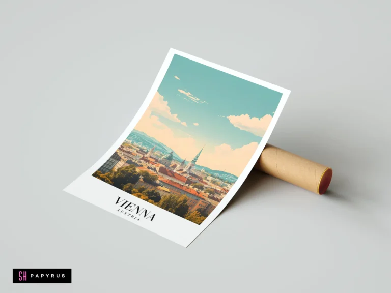 Vintage style Vienna Austria travel poster featuring a pastel cityscape with historic red rooftops.