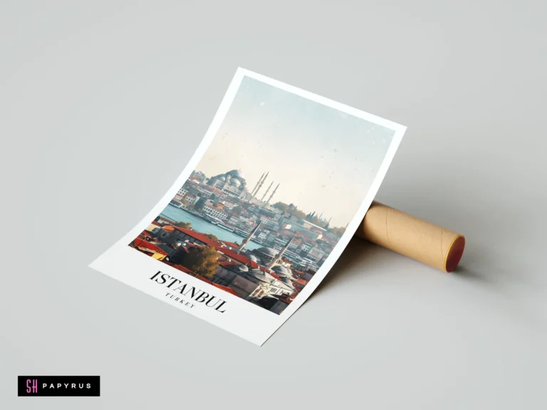 Artistic Istanbul travel print featuring a mosque, terracotta roofs, and waterfront skyline illustration.