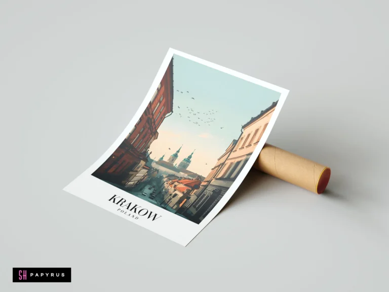 Stylized vintage travel poster of a Krakow old town street with warm-toned architecture.