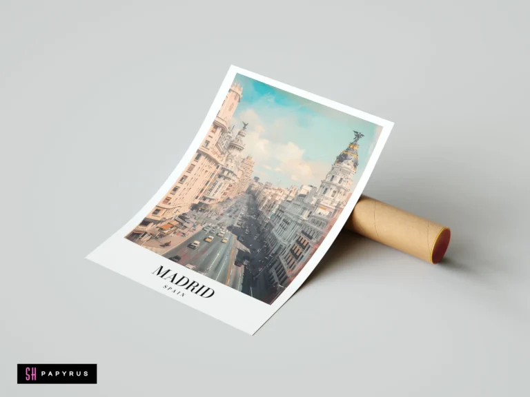 Impressionistic travel poster of Gran Vía, Madrid, showing historic architecture in warm pastel tones.
