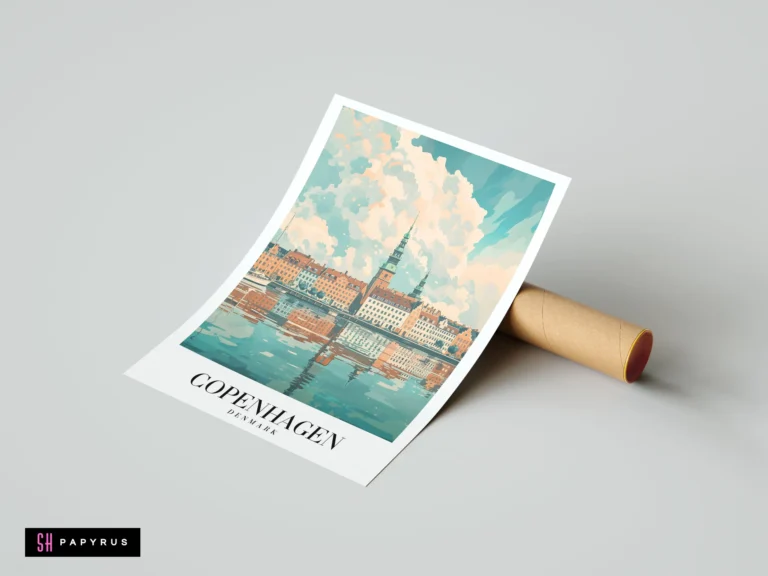 Pastel illustrative travel poster of Copenhagen Denmark harbor with historic buildings and water reflections.