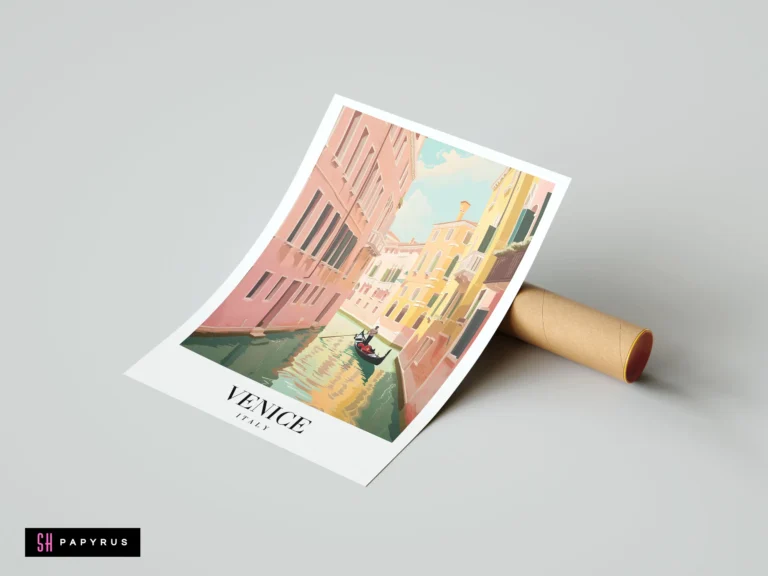 Romantic Venice travel poster art featuring a gondola on a canal with pastel buildings.