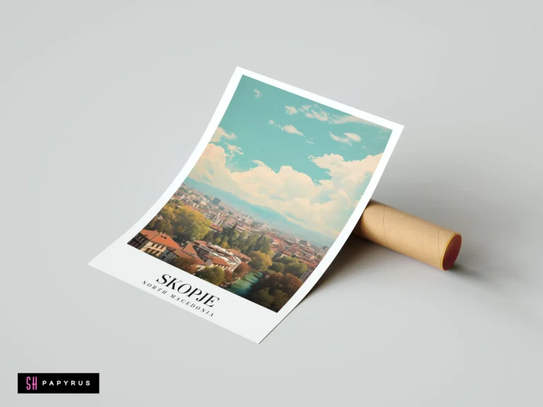 Vintage-style travel poster of Skopje, North Macedonia cityscape with terracotta roofs and teal sky.