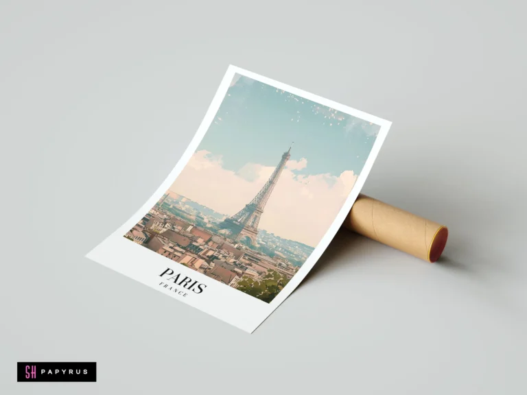 Dreamy pastel travel poster of the Eiffel Tower and Paris skyline in soft watercolor tones.
