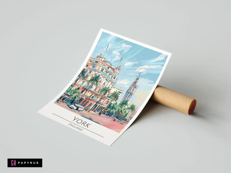 Vibrant, stylized York England travel poster featuring colorful impressionistic architecture and palm trees.