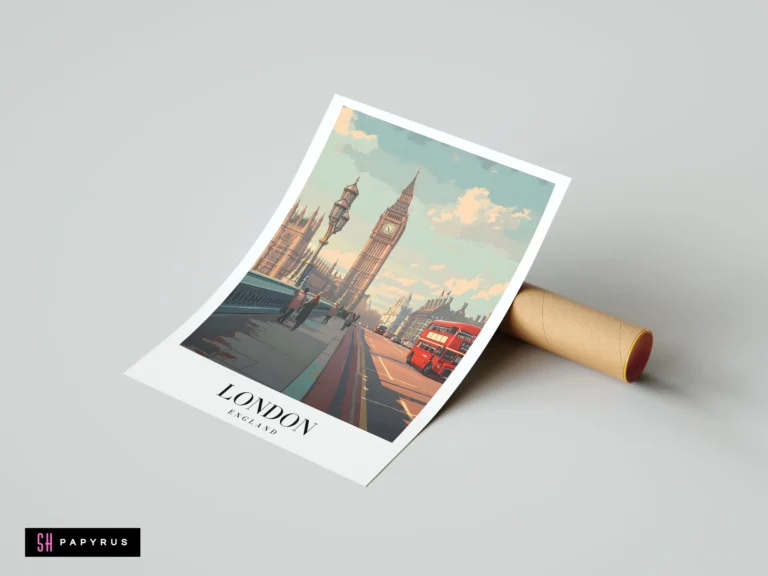 Vibrant art print of Big Ben and a red bus on London's Westminster Bridge.