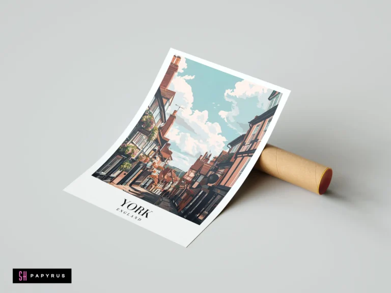 Vintage-style vector art poster of The Shambles, York, featuring medieval architecture and pastel skies.