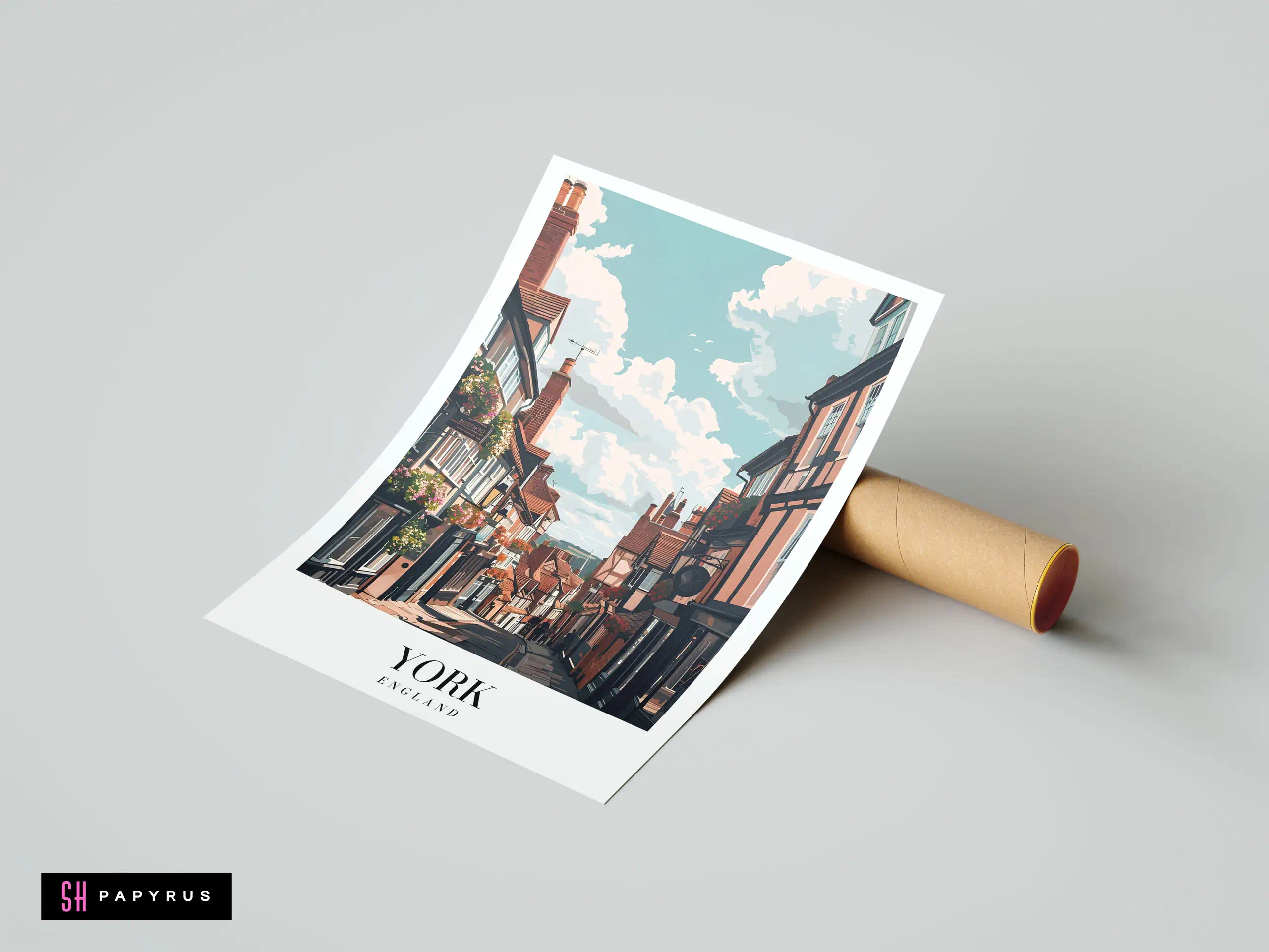 Vintage-style vector art poster of The Shambles, York, featuring medieval architecture and pastel skies.