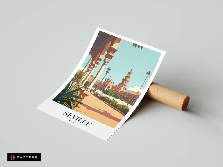 Retro travel poster of Plaza de España in Seville, featuring warm architecture and blue skies.