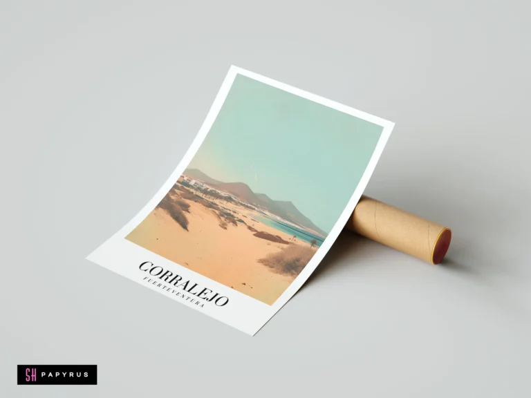 Vintage-style travel poster of Corralejo Fuerteventura showing sandy dunes and coastal mountains.
