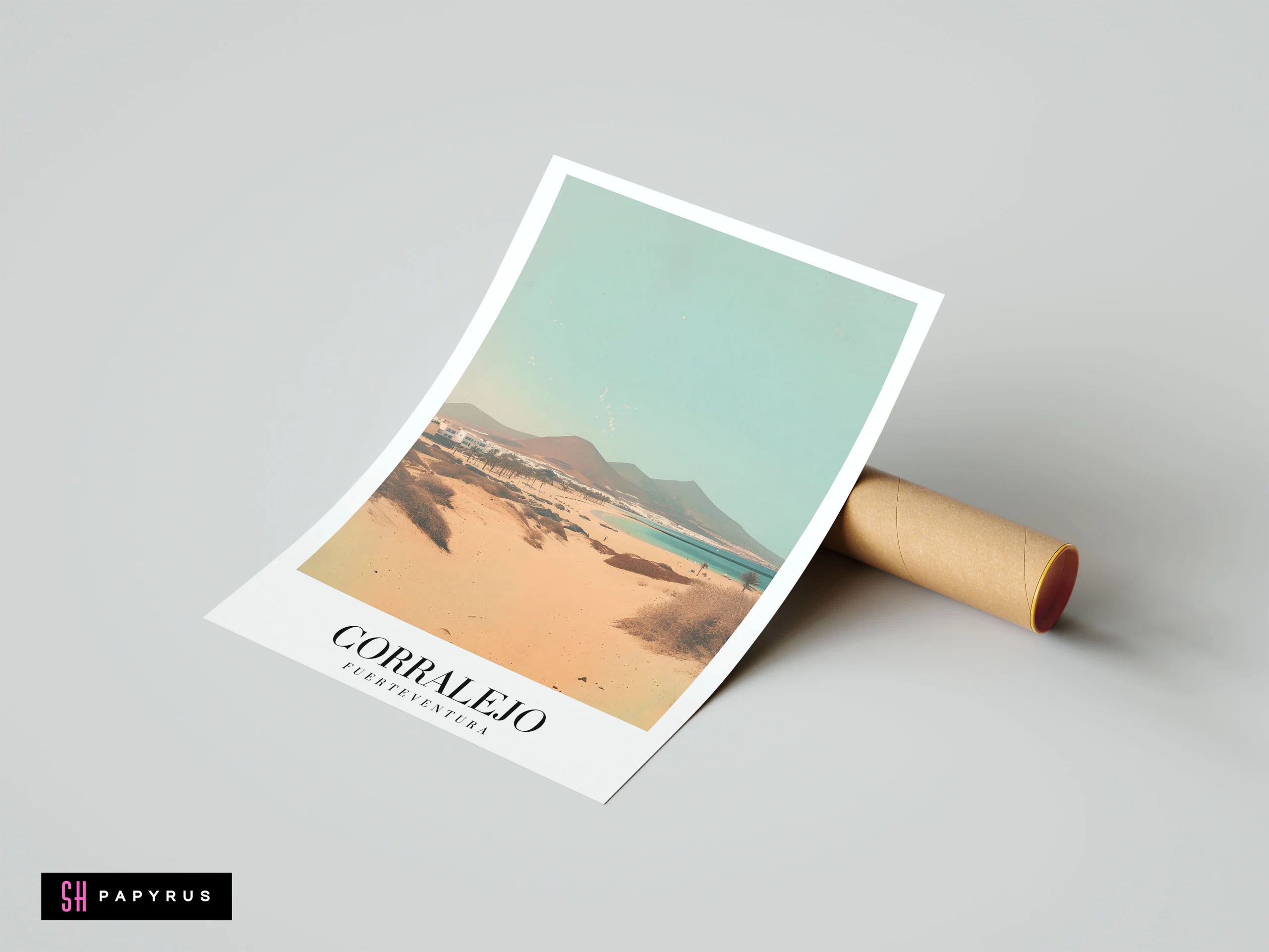 Vintage-style travel poster of Corralejo Fuerteventura showing sandy dunes and coastal mountains.