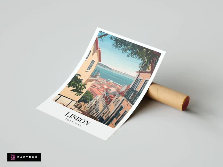 Minimalist Lisbon travel poster illustration featuring terracotta rooftops and sea view in warm pastel colors.