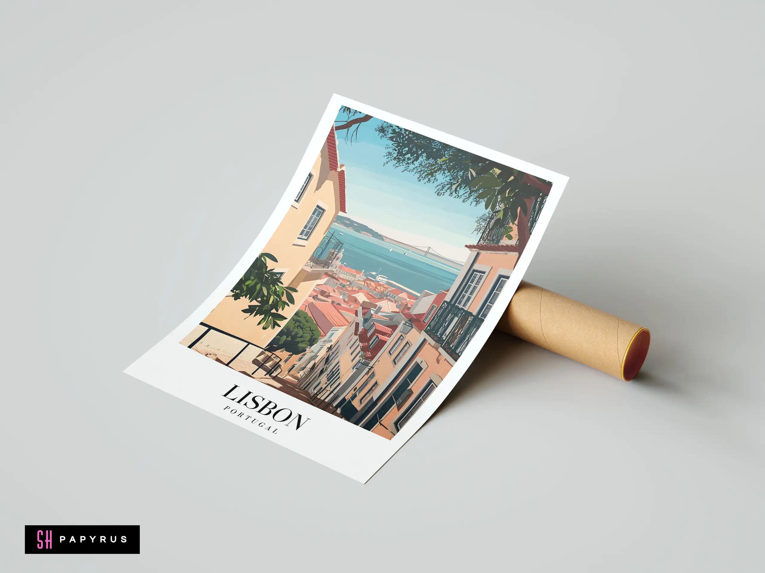 Minimalist Lisbon travel poster illustration featuring terracotta rooftops and sea view in warm pastel colors.