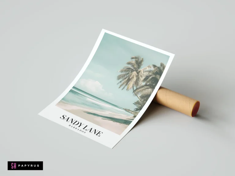 Vintage Sandy Lane Barbados travel poster featuring turquoise water, palm trees, and soft sandy tones.