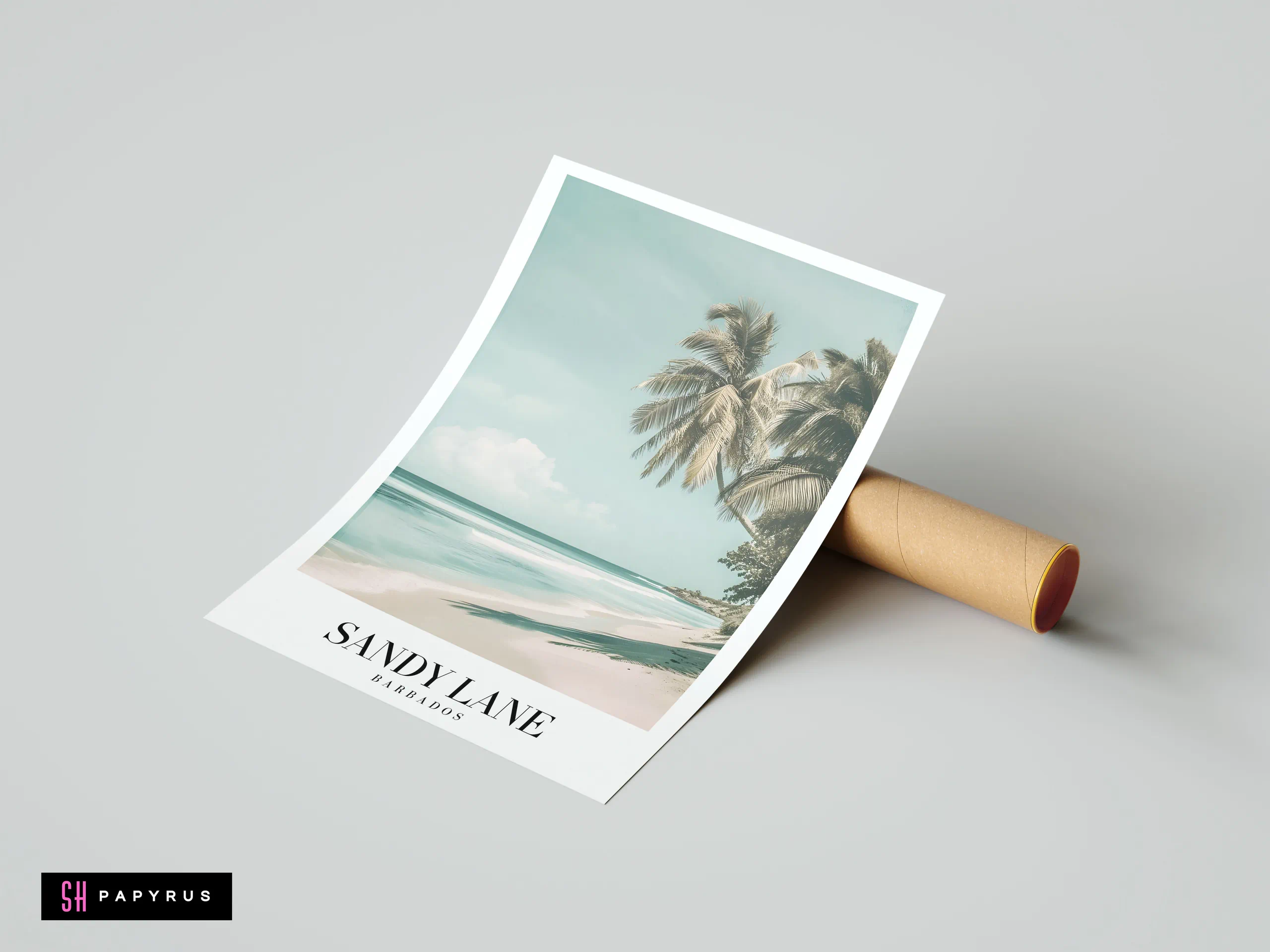 Vintage Sandy Lane Barbados travel poster featuring turquoise water, palm trees, and soft sandy tones.