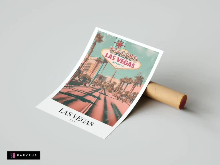 Retro Las Vegas sign art print with palm trees in vintage pink and teal tones.
