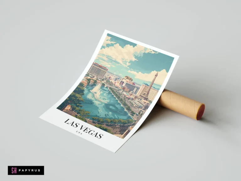 Painterly Las Vegas travel poster art featuring Bellagio fountains and the Eiffel Tower replica.
