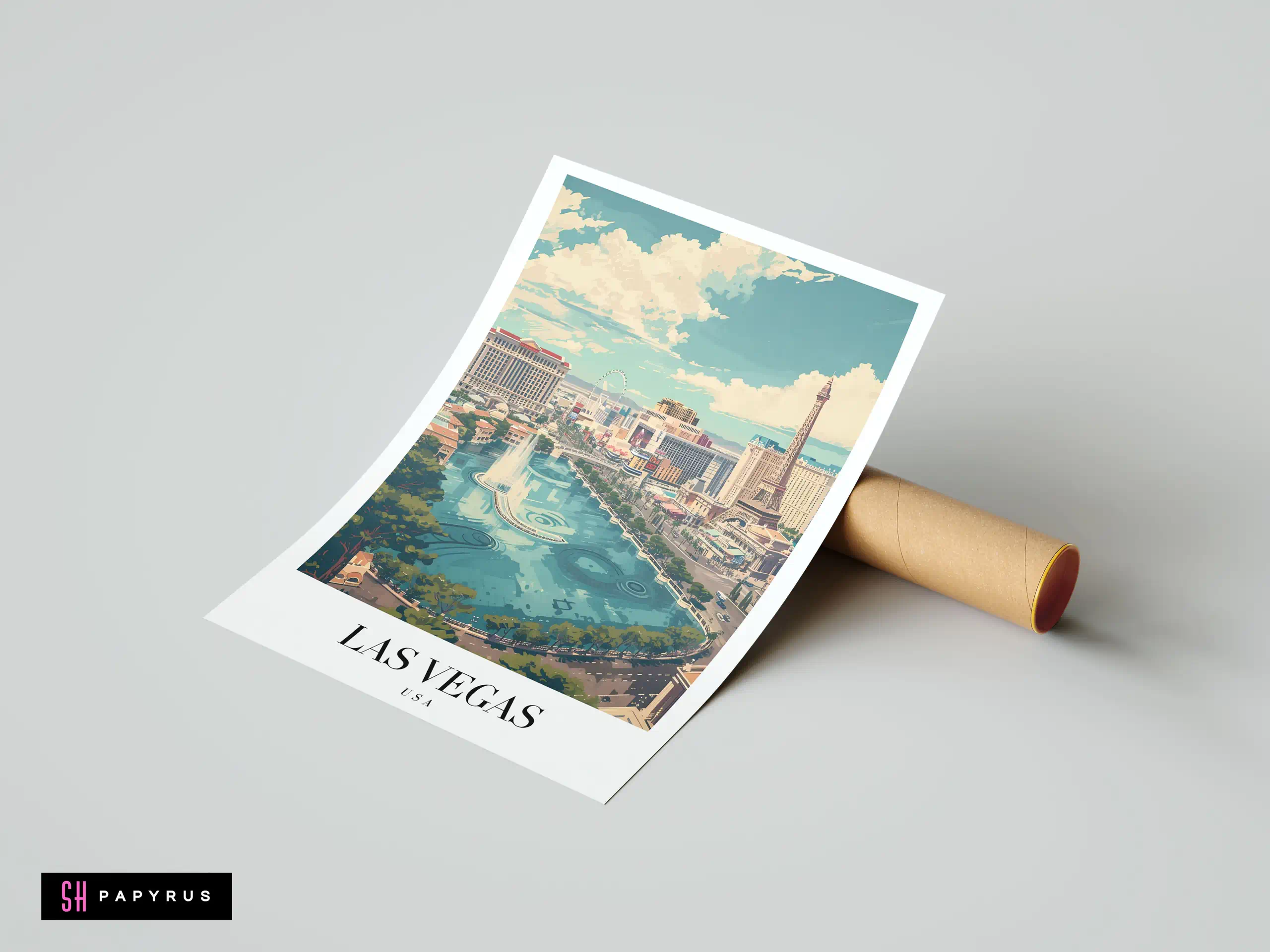 Painterly Las Vegas travel poster art featuring Bellagio fountains and the Eiffel Tower replica.