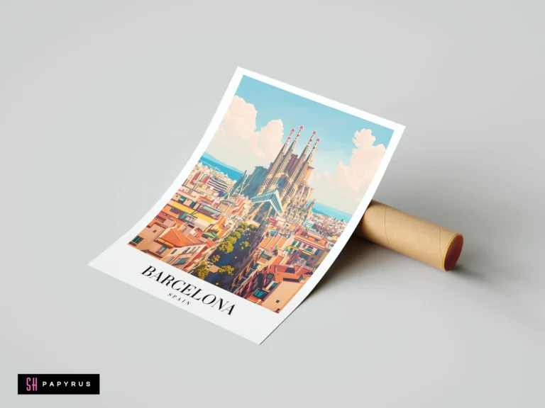 Vibrant travel poster illustration of Sagrada Familia in Barcelona with warm Mediterranean colors.