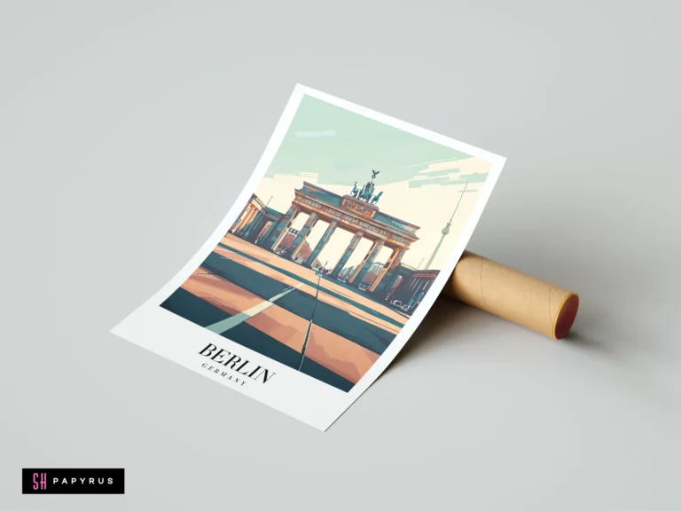 Minimalist Berlin travel poster featuring the Brandenburg Gate in muted vintage-style vector graphics.