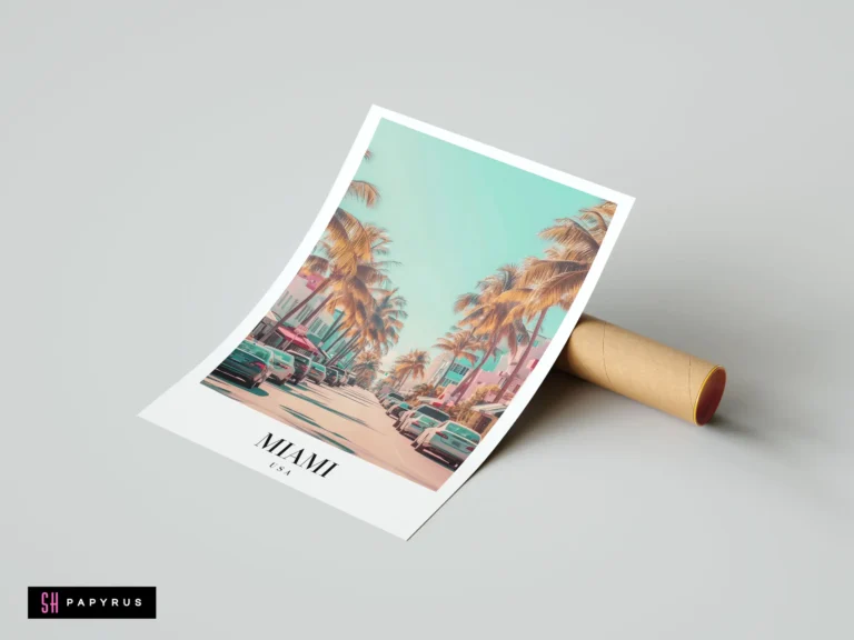 Retro Miami Ocean Drive art print featuring palm trees and vintage cars in vibrant pastel colors.