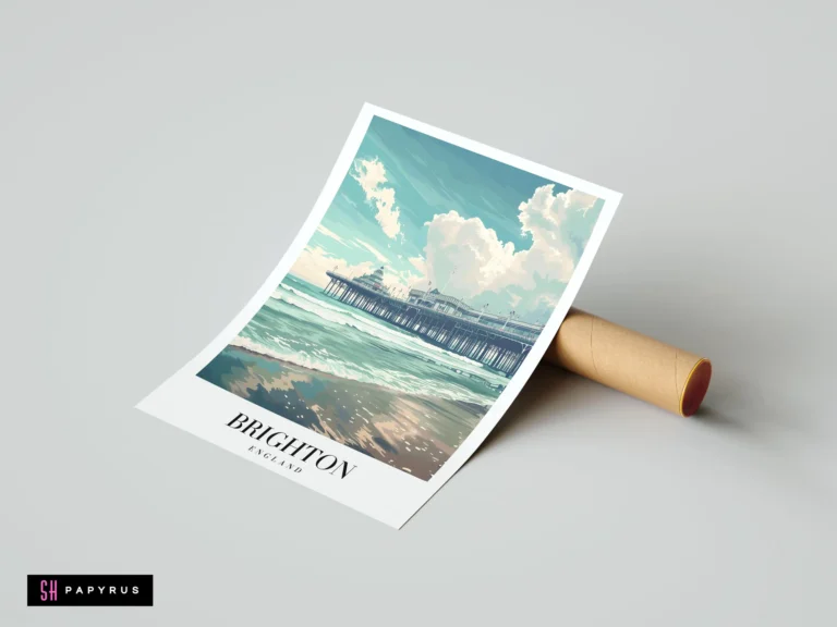 Vintage-style Brighton England travel poster art depicting the iconic pier against a turquoise sea.