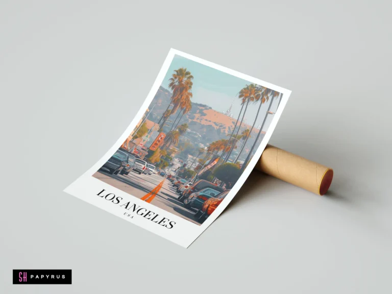Cinematic Los Angeles travel poster with palm trees, vintage cars, and warm golden lighting.