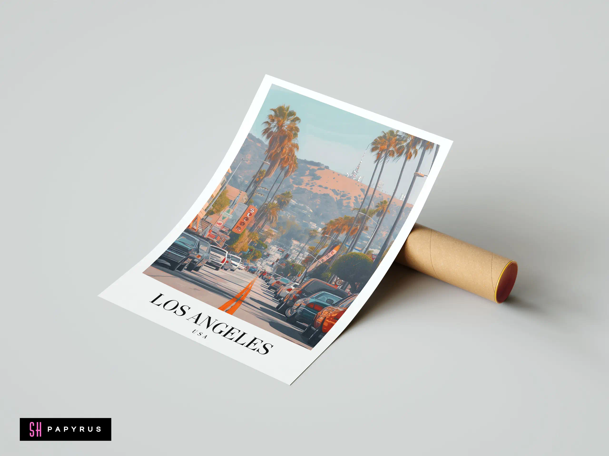 Cinematic Los Angeles travel poster with palm trees, vintage cars, and warm golden lighting.