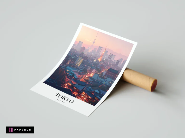 Dreamy Tokyo sunset travel poster featuring pastel pink skies and glowing city lights.