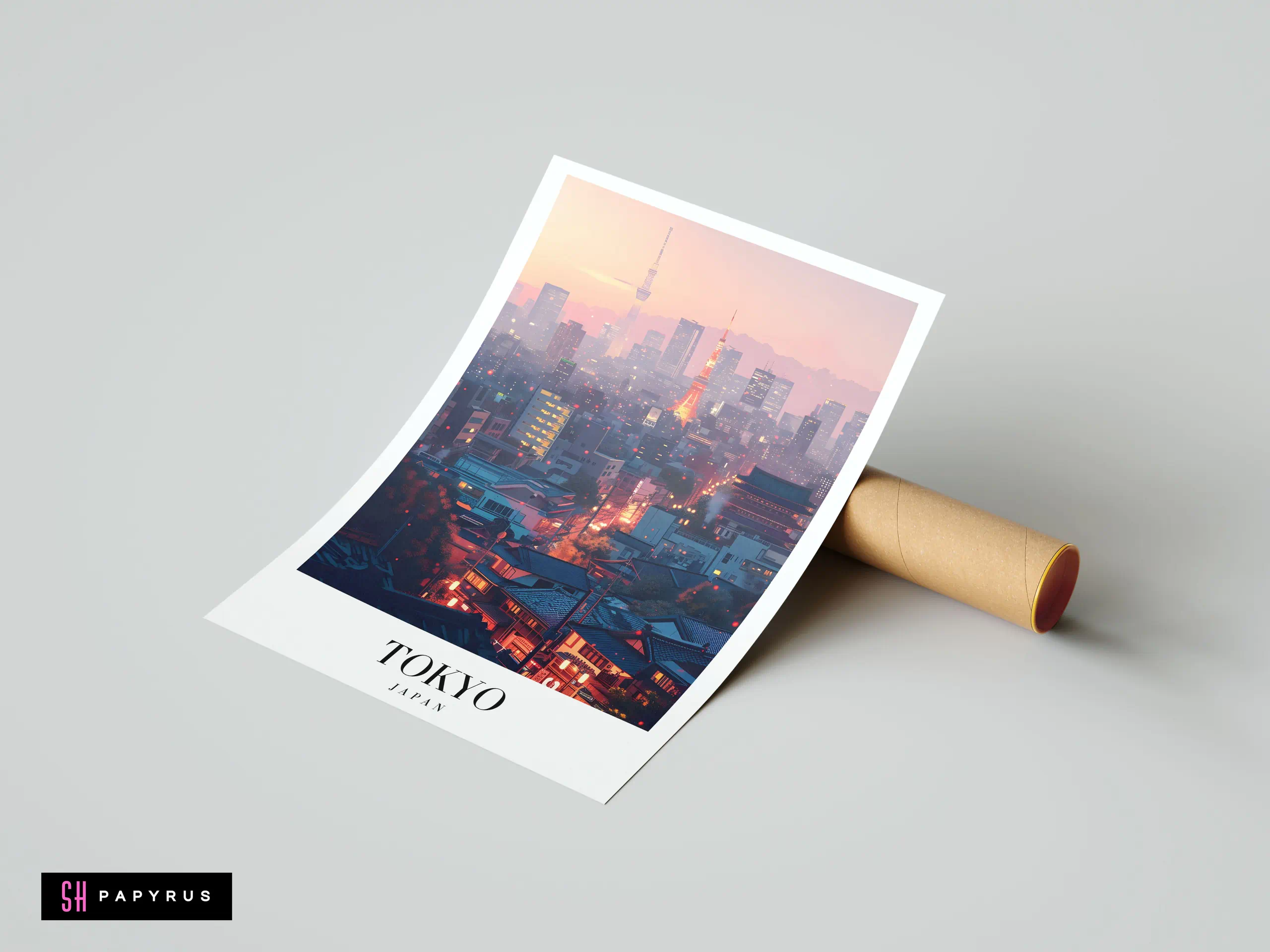 Dreamy Tokyo sunset travel poster featuring pastel pink skies and glowing city lights.